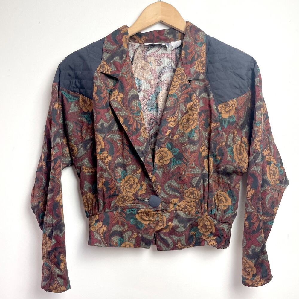Viintage 80s 90s Cropped‎ Jacket Sz 6 Quilted Light Floral Paisley Earth Tones